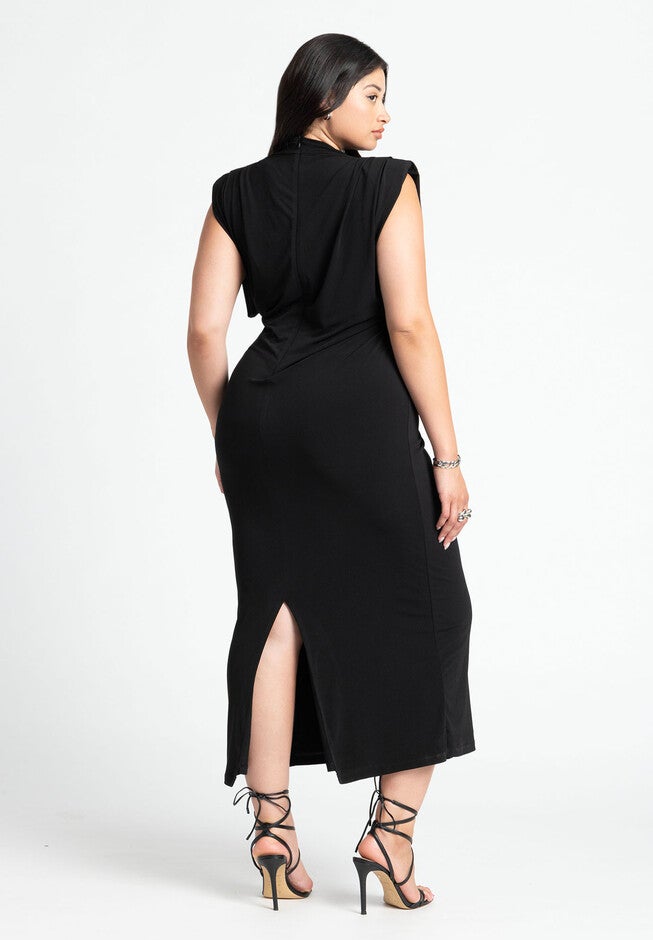 Funnel Neck Midi Dress, BLACK ONYX, on-hover image number null