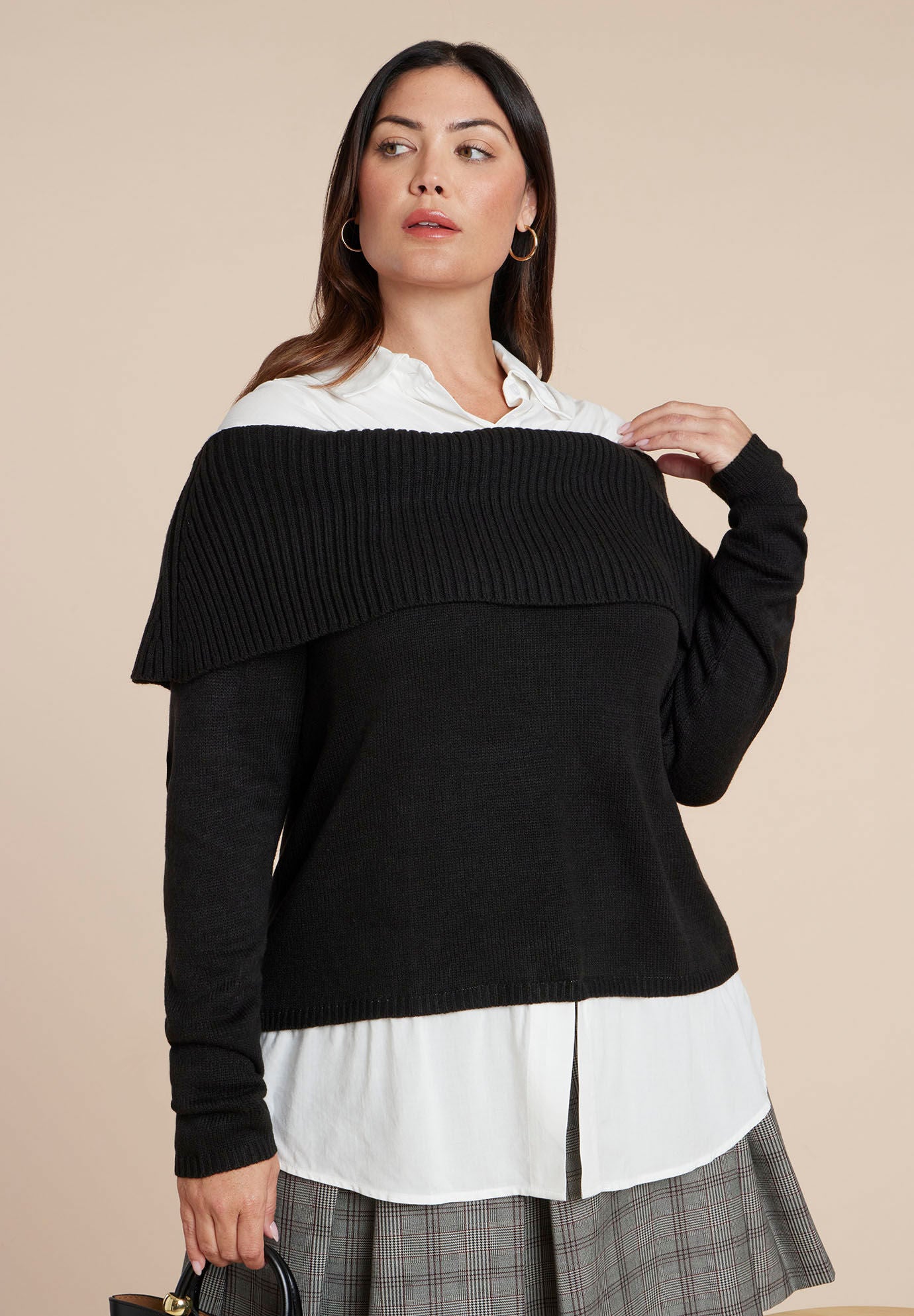 Off The Shoulder Twofer Sweater, BLACK WHITE, hi-res image number 0