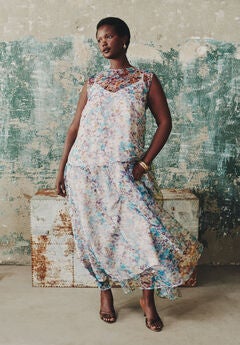 Printed Organza Drop Waist Midi Dress