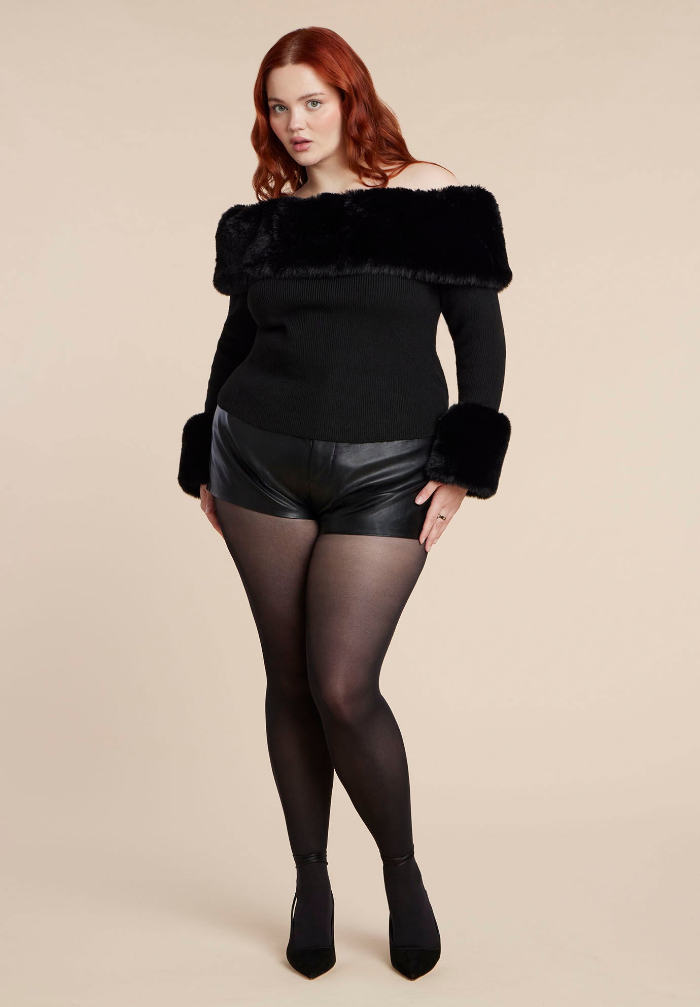 Faux Fur Off The Shoulder Sweater, BLACK ONYX, alternate image number 4