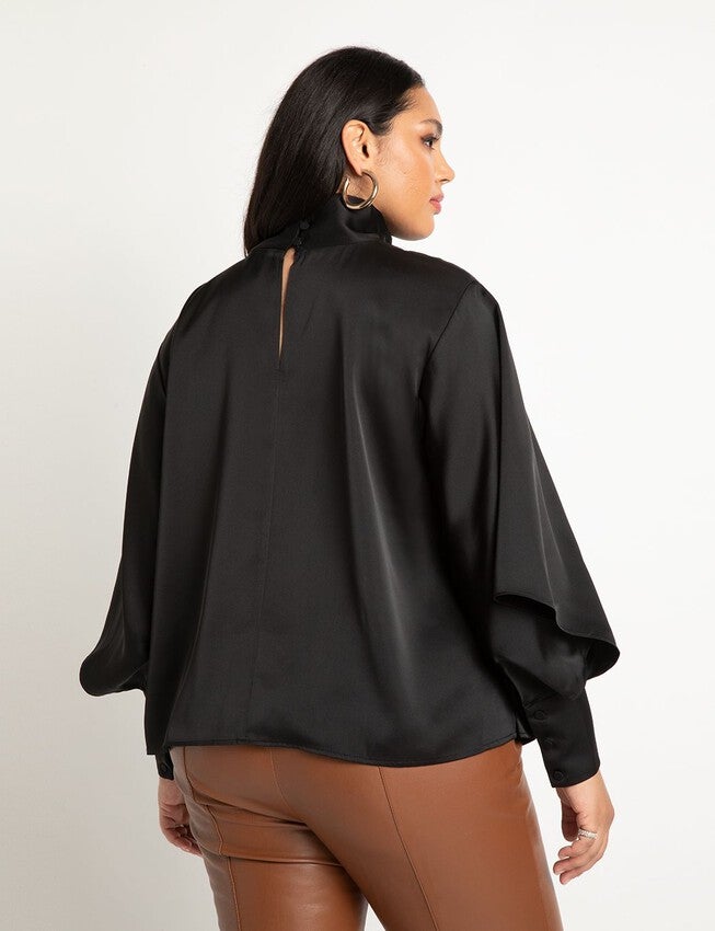 Draped Neck Satin Blouse, TOTALLY BLACK, on-hover image number 1
