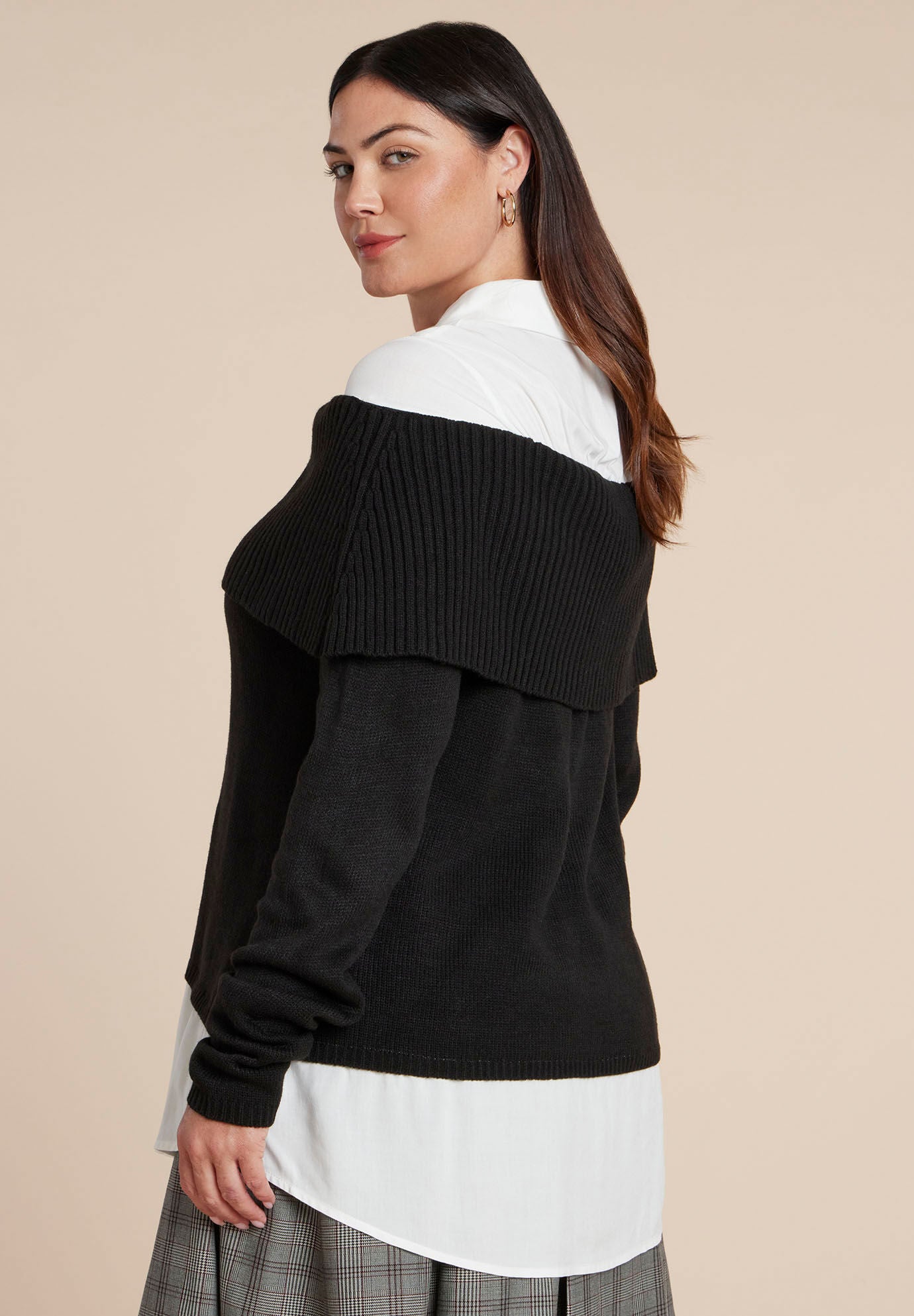 Off The Shoulder Twofer Sweater, BLACK WHITE, alternate image number 4