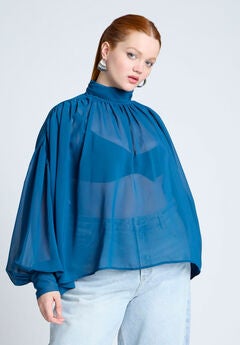 Sheer Mock Neck Cape Blouse