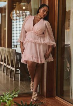 PatBO x ELOQUII Puff-Sleeve Ruffle Mini Dress