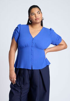 Shirred Sleeve Top With Buttons