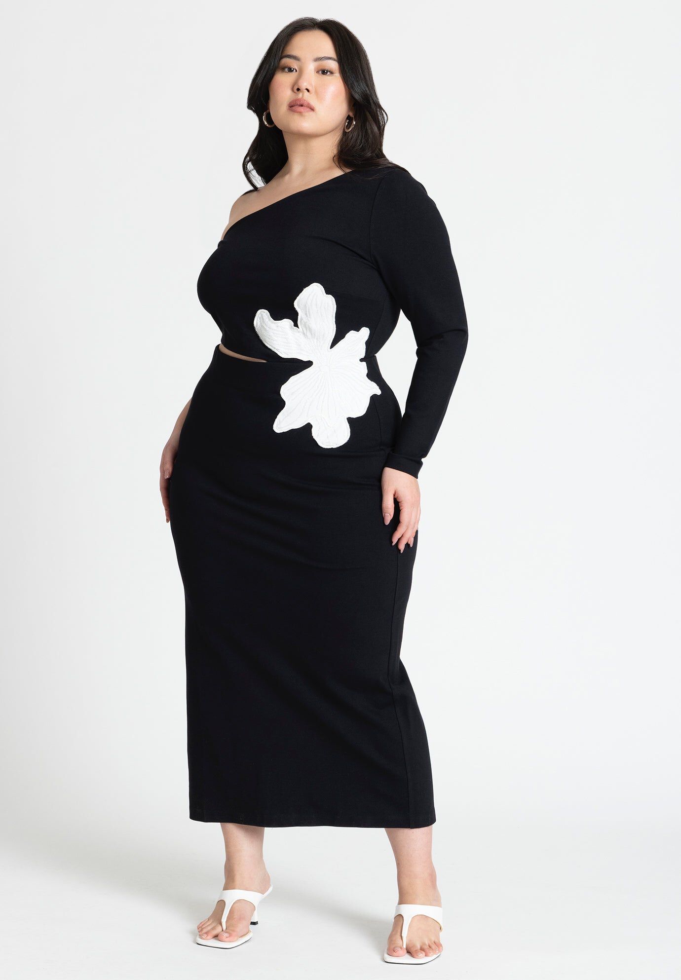 One Shoulder Flower Detail Dress, BLACK ONYX, hi-res image number 0