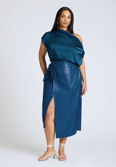 Wrap Front Faux Leather Midi Skirt