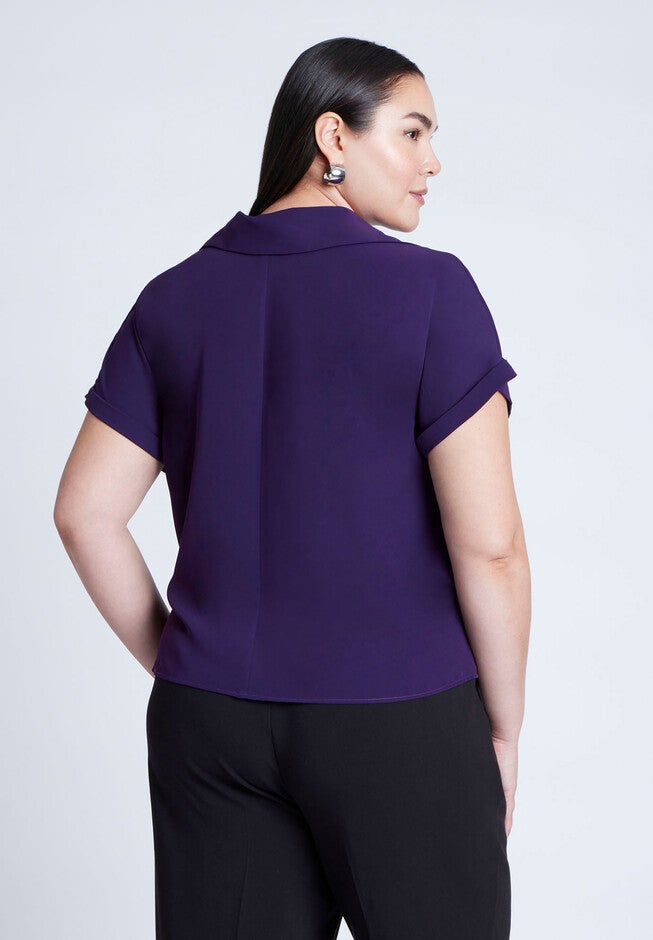 Short Sleeve Collared Top With Waist Tie, PLUM PURPLE, on-hover image number null