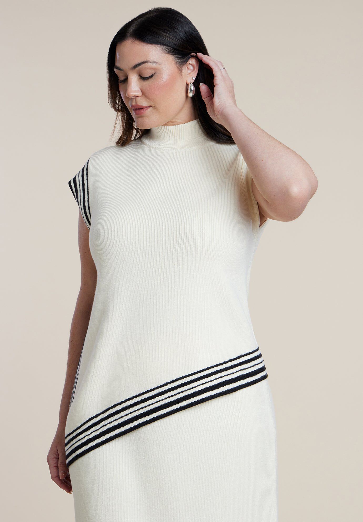 Stripe Detail Sleeveless Mockneck Top