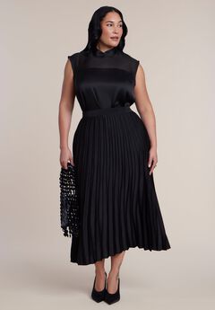 Pleated Satin Midi Skirt