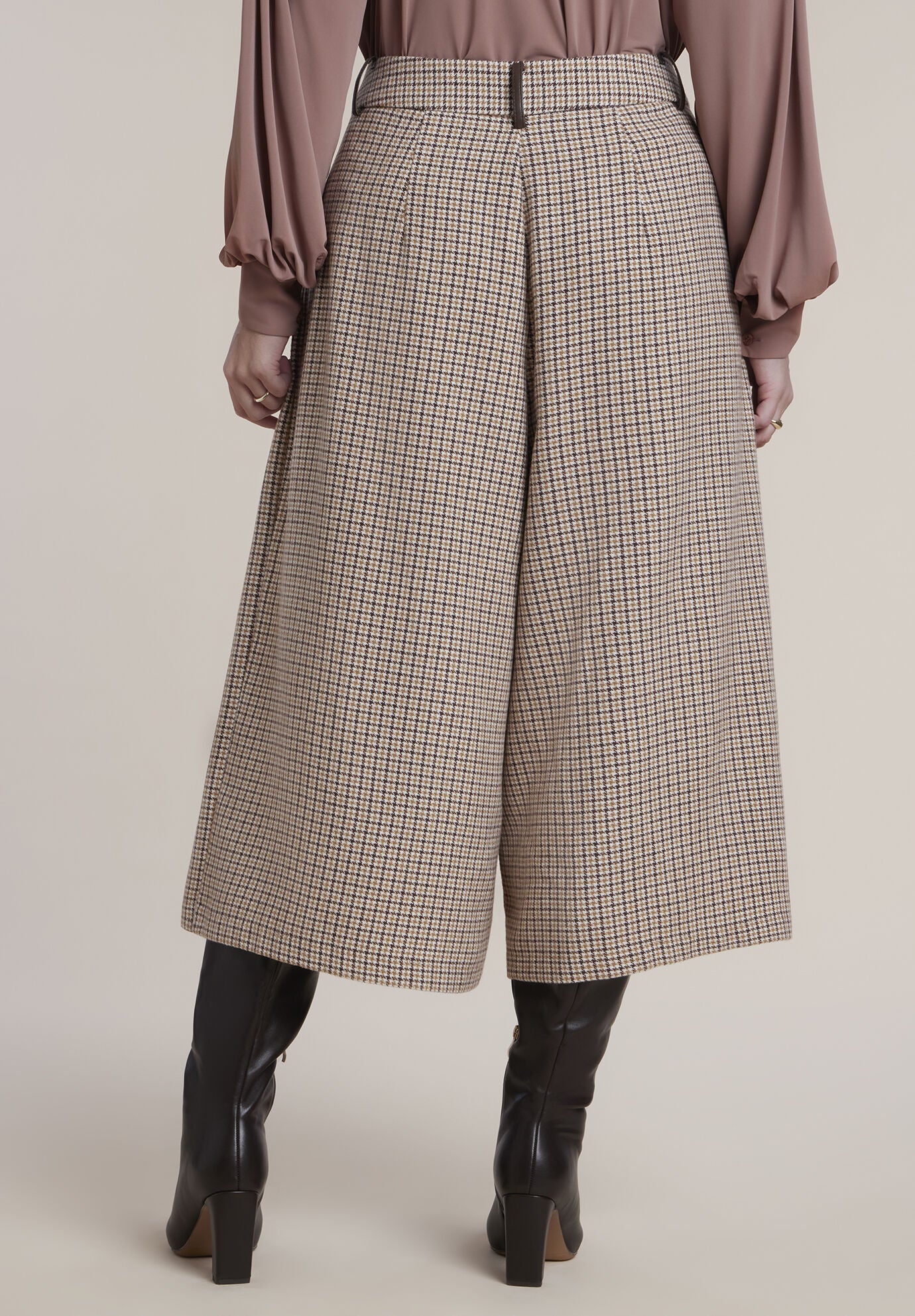 Pleated Houndstooth Wide-Leg Culotte, PLAID, alternate image number 2