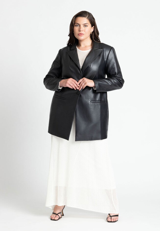 Sleek Faux Leather Blazer, BLACK, alternate image number null