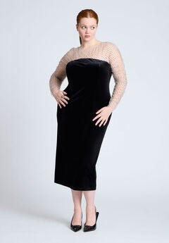 Velvet Midi Dress With Polka Dot Sleeve