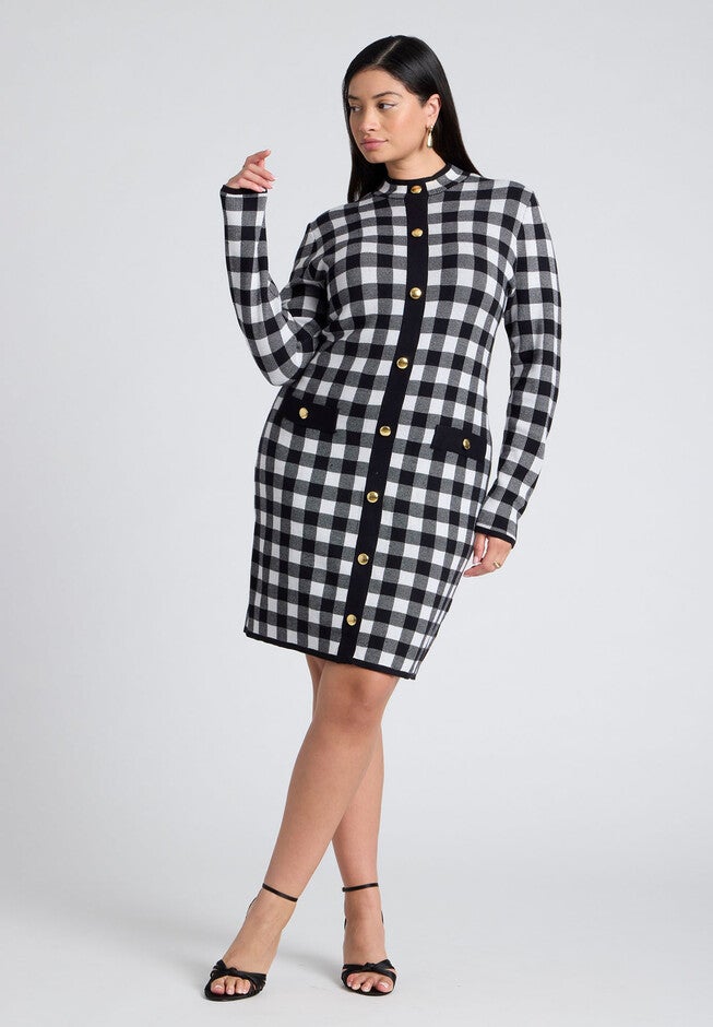Intarsia Long Sleeve Drees, BLACK AND WHITE GINGHAM, on-hover image number null