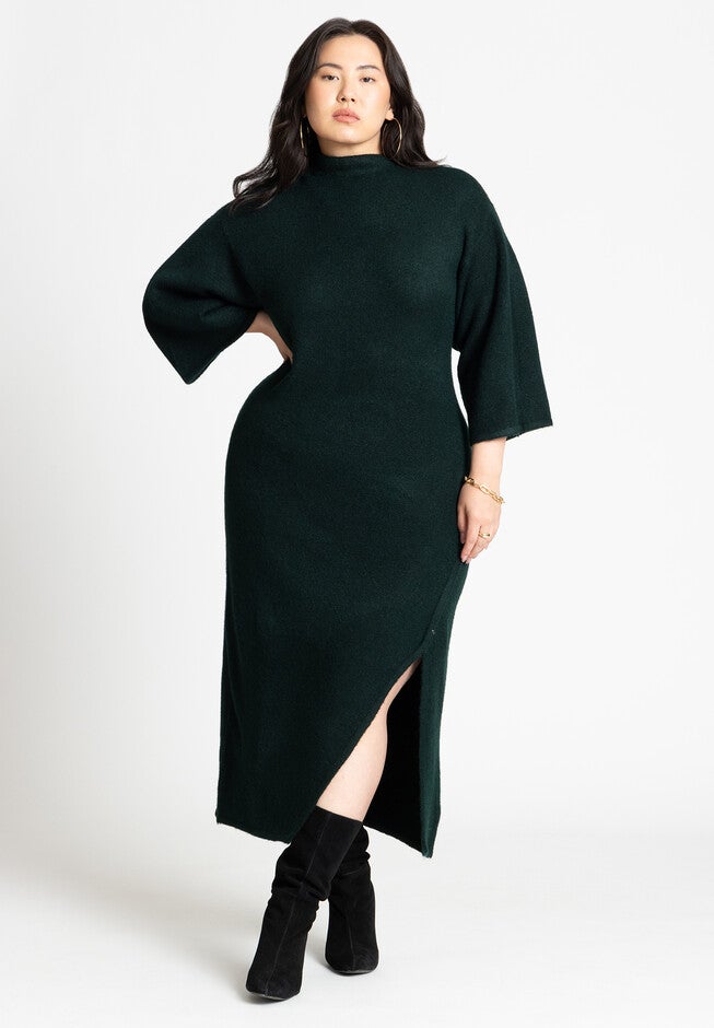 Funnel Neck Wide Sleeve Midi Dress, DARK GREEN, hi-res image number null