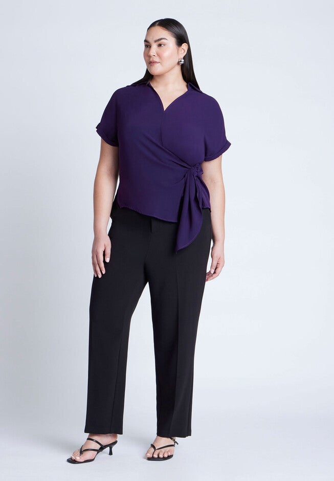 Short Sleeve Collared Top With Waist Tie, PLUM PURPLE, alternate image number null