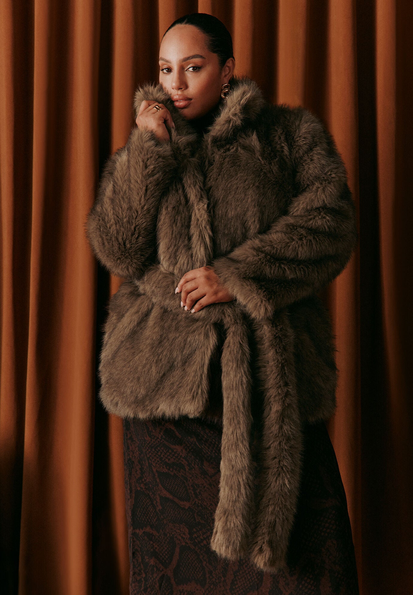 Belted Faux Fur Jacket, BROWN, alternate image number 3