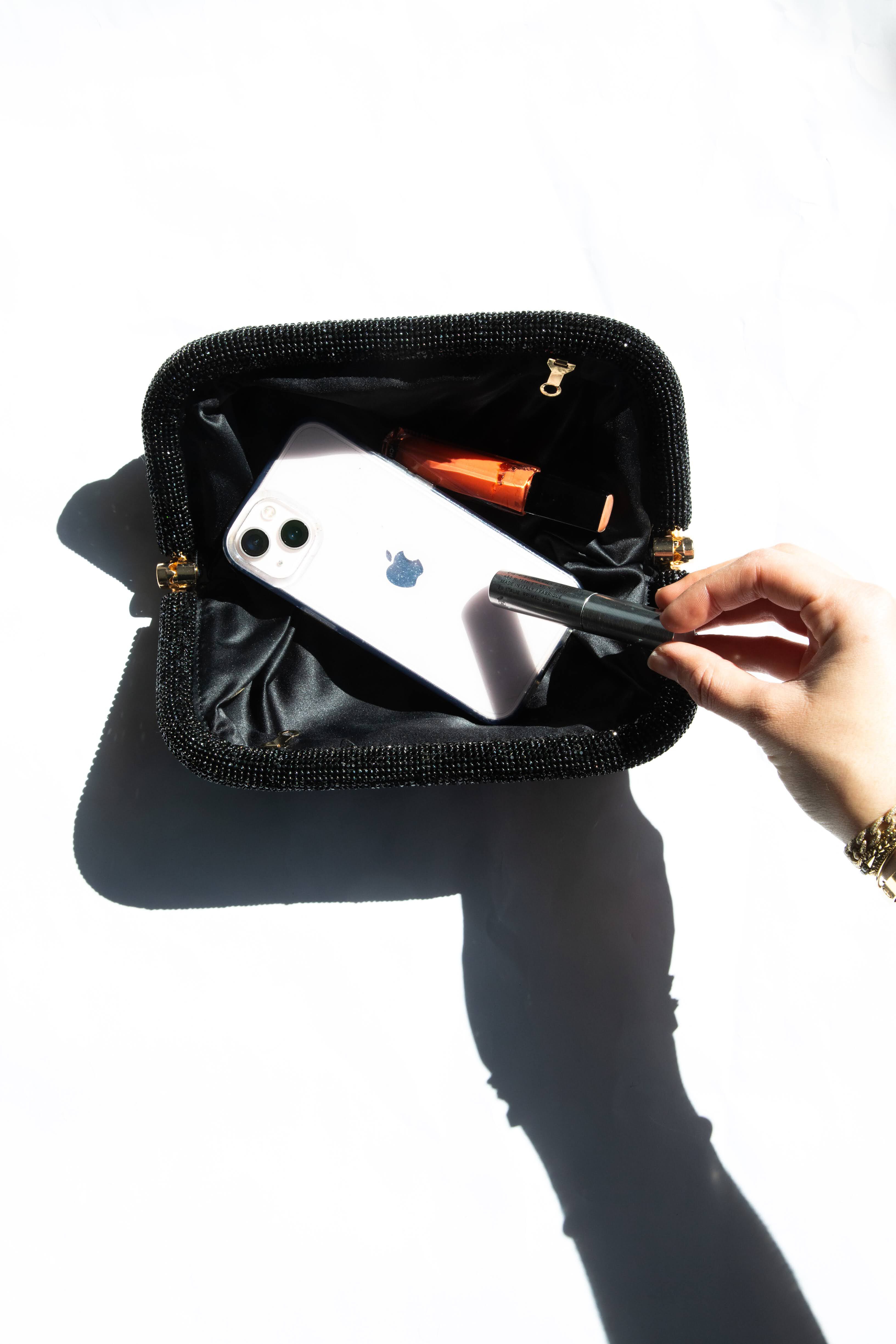 Crystal Embellished Bag With Detachable Chain - Black, BLACK, alternate image number 5