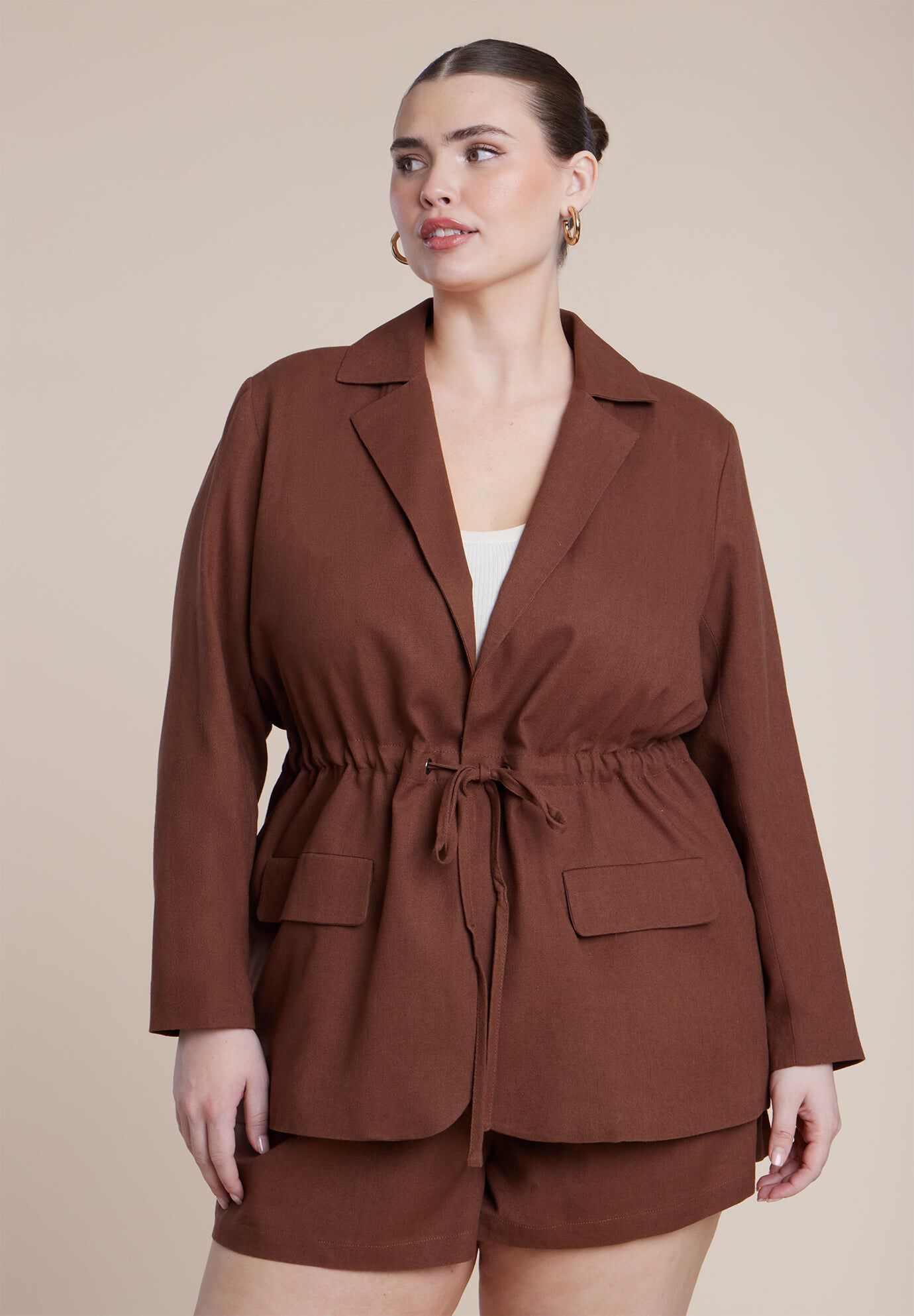 Drawstring Waist Linen Blazer
