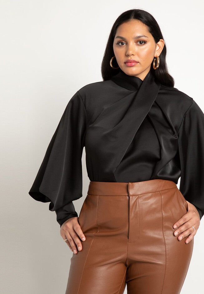 Draped Neck Satin Blouse, TOTALLY BLACK, hi-res image number 0
