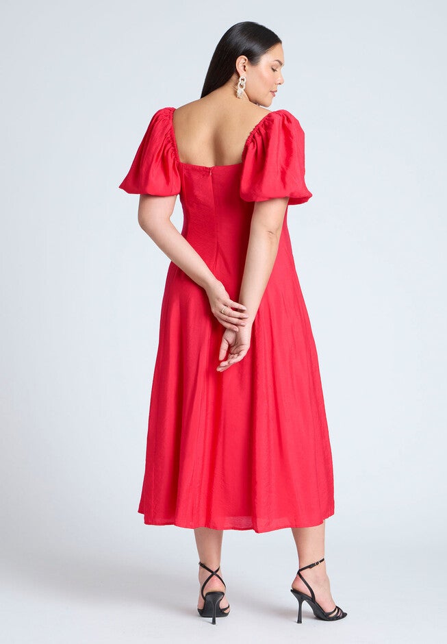 Puff Sleeve Flare Dress, PATROL RED, on-hover image number null