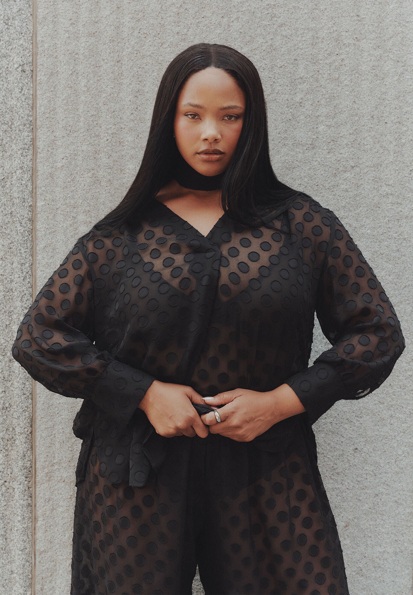 Sheer Polka Dot Blouse With Neck Tie