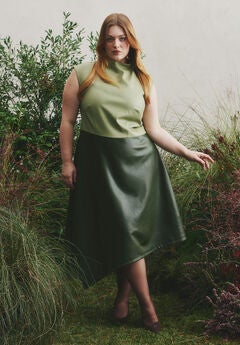 Colorblocked Draped Faux Leather Dress