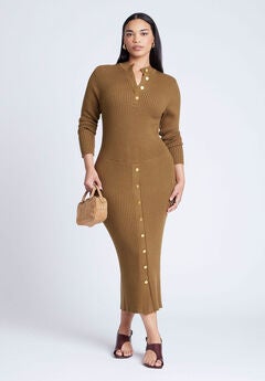 Mock Neck Rib Button Dress