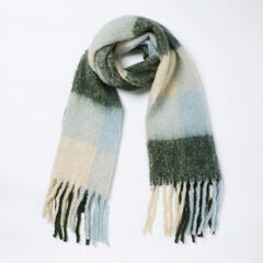 Brushed Checkered Fringe Scarf - Blue Green