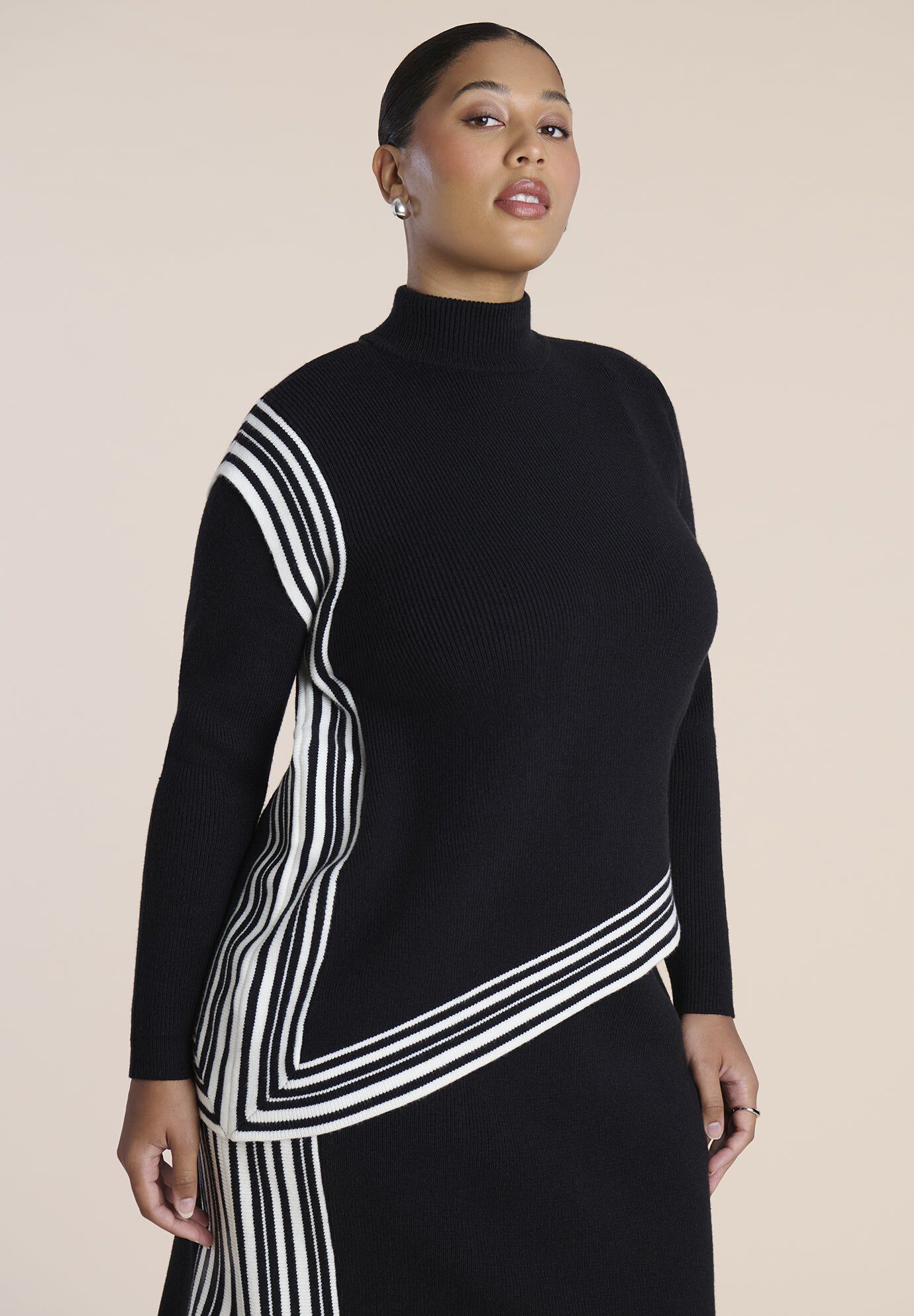 Stripe-Detail Asymmetric Turtleneck Sweater