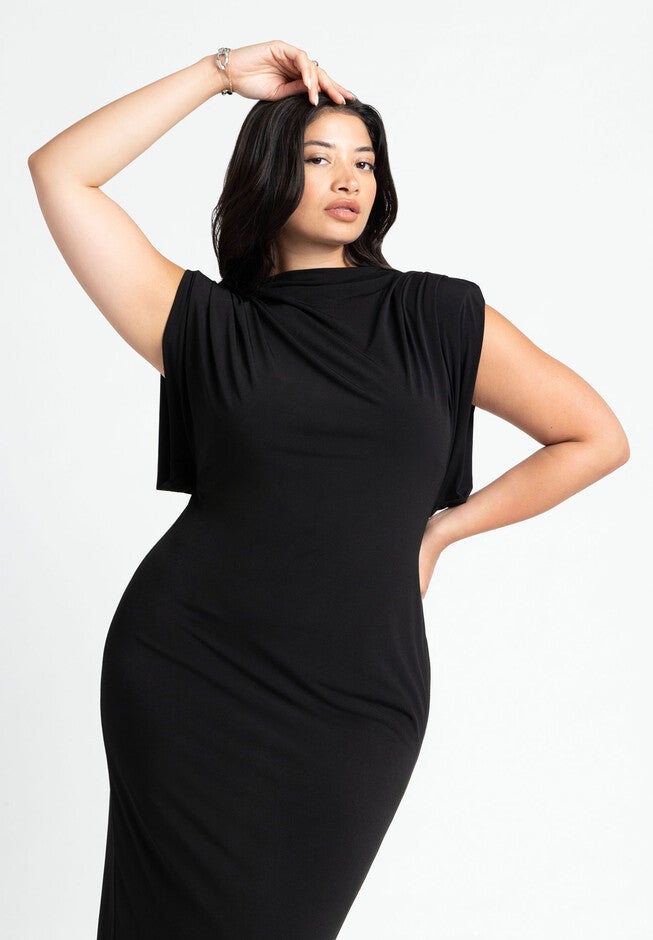 Funnel Neck Midi Dress, BLACK ONYX, alternate image number null