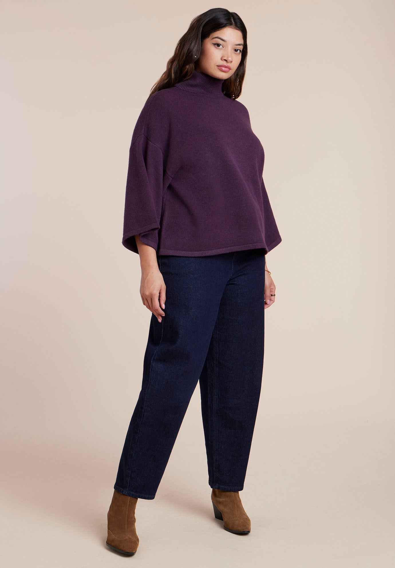 Boxy Three Quarter Sleeve Turtleneck, PLUM PURPLE, alternate image number 2