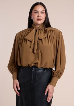 Power Shoulder Cropped Blouse With Neck Tie