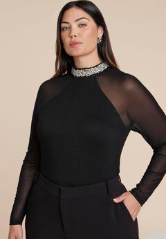 Embellished Top With Sheer Sleeves