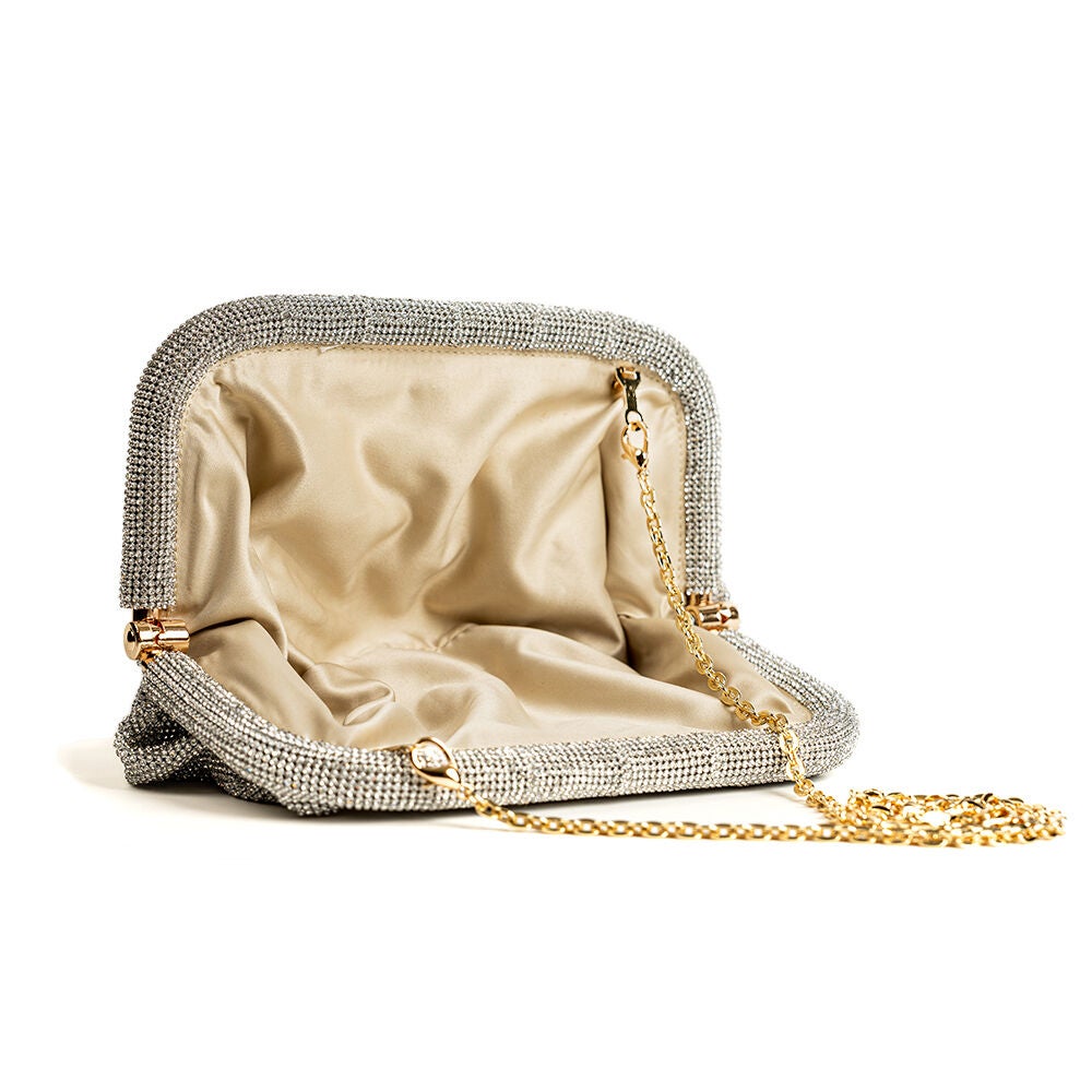 Crystal Embellished Bag With Detachable Chain - Silver, SILVER, on-hover image number 1