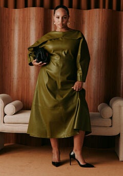 Rounded Sleeve Faux Leather Maxi Dress