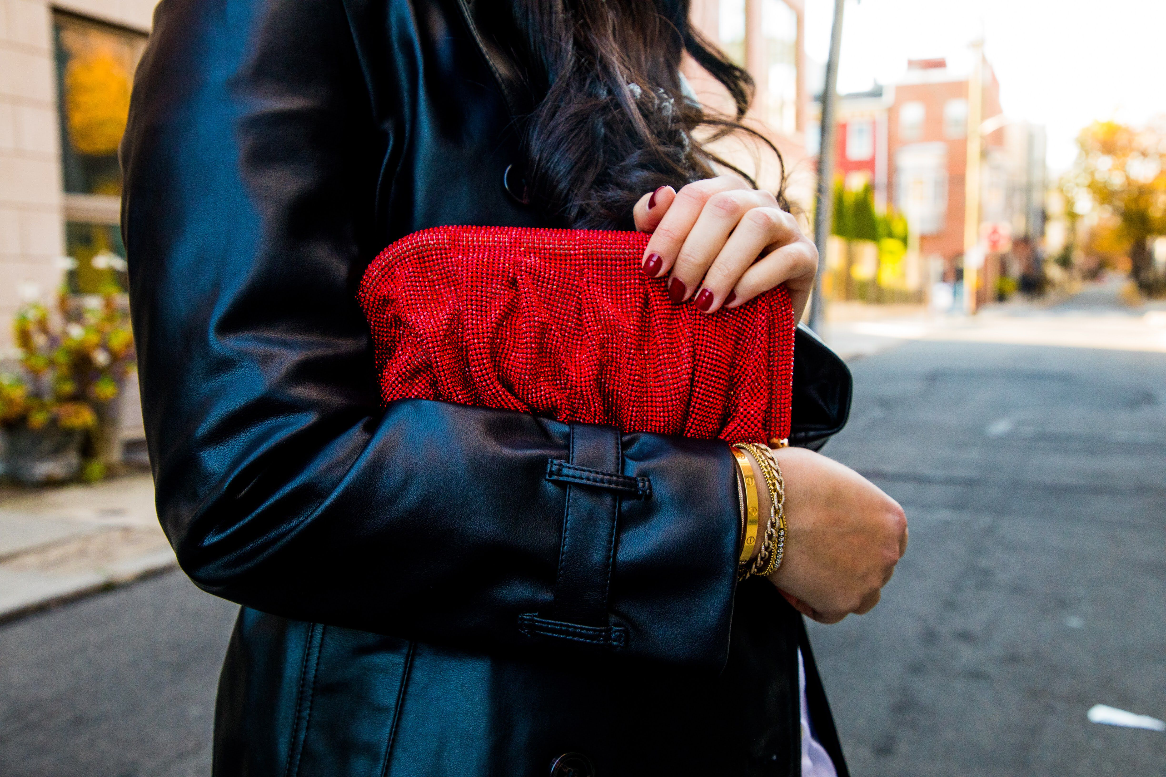 Crystal Embellished Bag With Detachable Chain - Red, RED, alternate image number 3