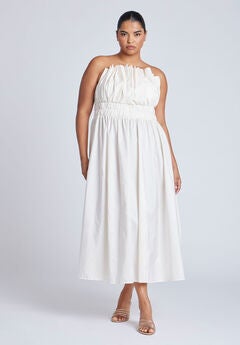 Pleated Ruffle Neckline Midi Dress