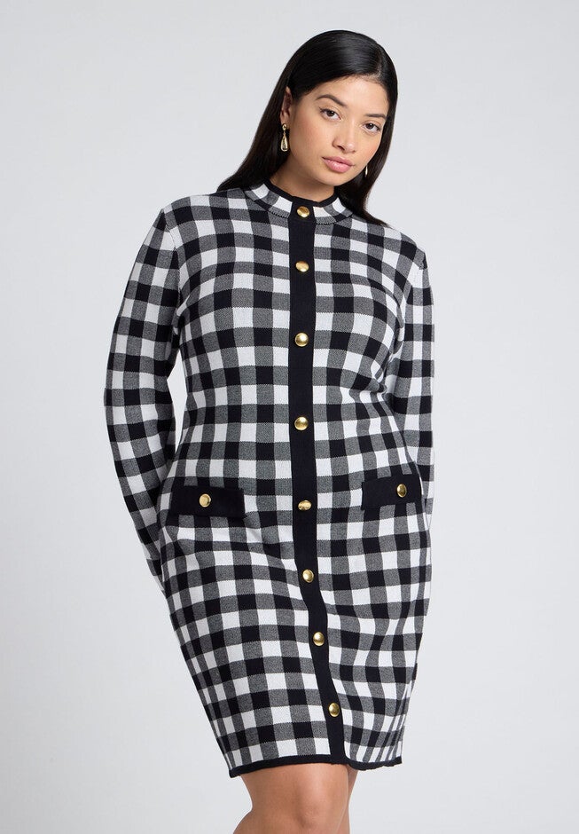 Intarsia Long Sleeve Drees, BLACK AND WHITE GINGHAM, alternate image number null