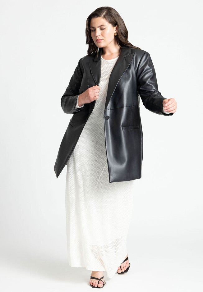 Sleek Faux Leather Blazer, BLACK, alternate image number null