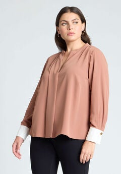 Neck Pleat Blouse With Contrast Cuff
