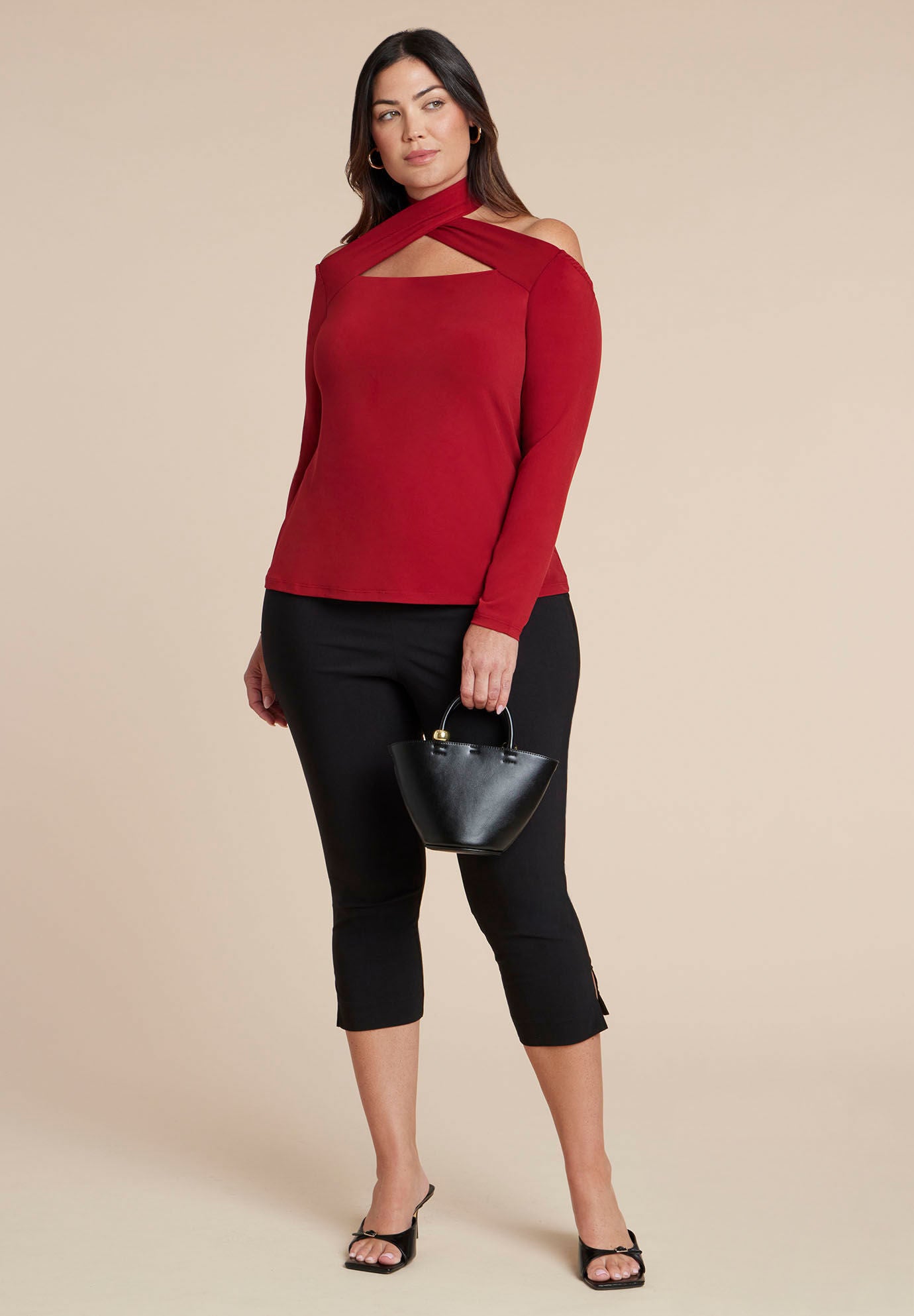 Cross Front Cut Out Top, RED DAHLIA, alternate image number 3