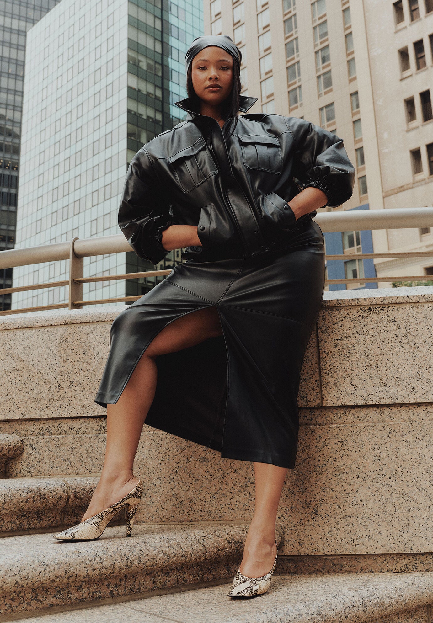 Faux Leather Column Midi Skirt