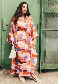 Printed Kimono Dress With Tie