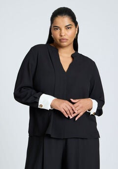 Neck Pleat Blouse With Contrast Cuff