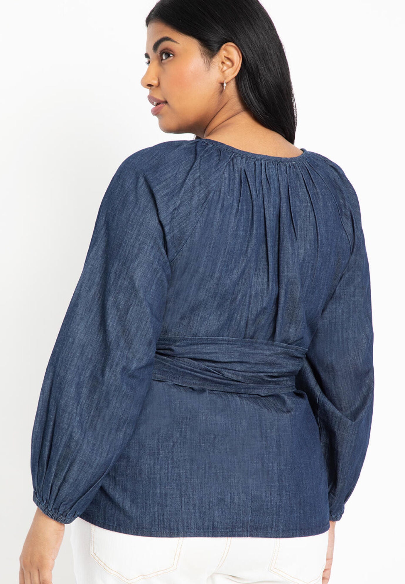 Dramatic Faux Wrap Top, DARK WASH, on-hover image number 1