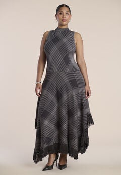 Fringe-Trim Plaid Sweater Maxi Dress