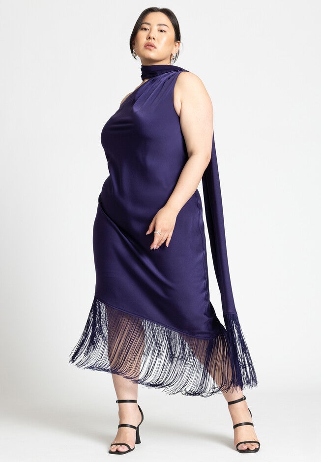 Scarf Neck Fringe Dress, PARACHUTE PURPLE, on-hover image number null