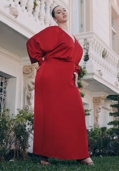 Dramatic Sleeve Satin Column Dress