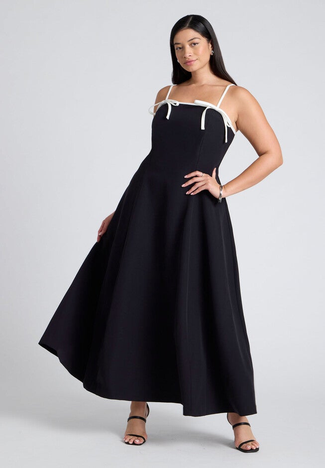 Bow Straps Maxi Flare Dress, BLACK ONYX, hi-res image number null